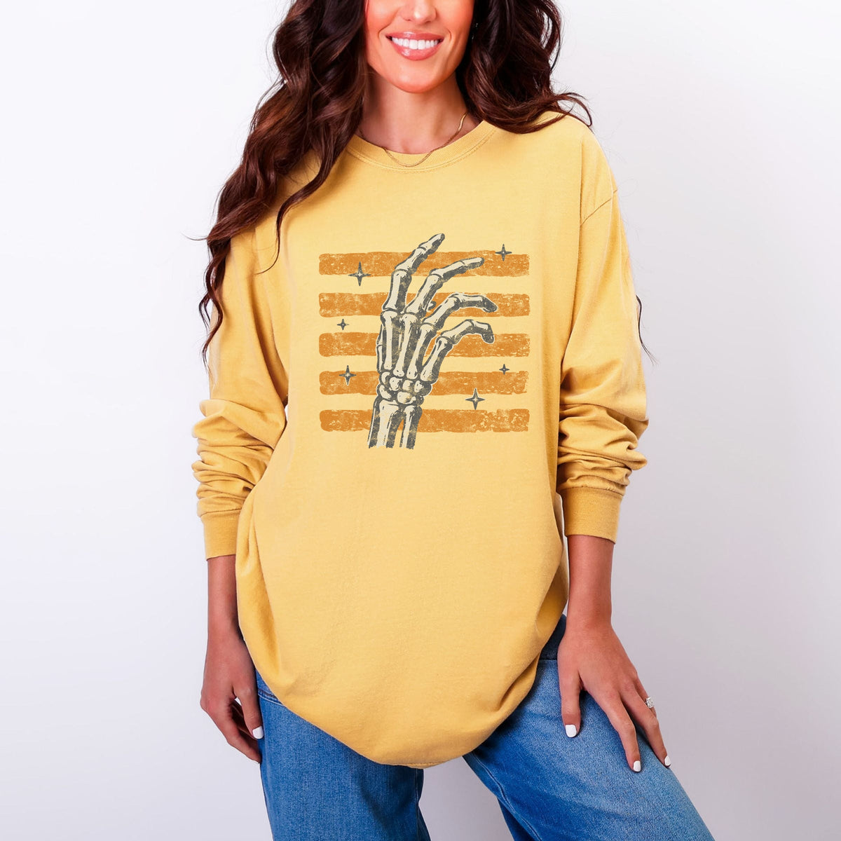 Skeleton Hand Orange Stripes - Women's Garment Dyed Long Sleeve Graphic T-Shirt
