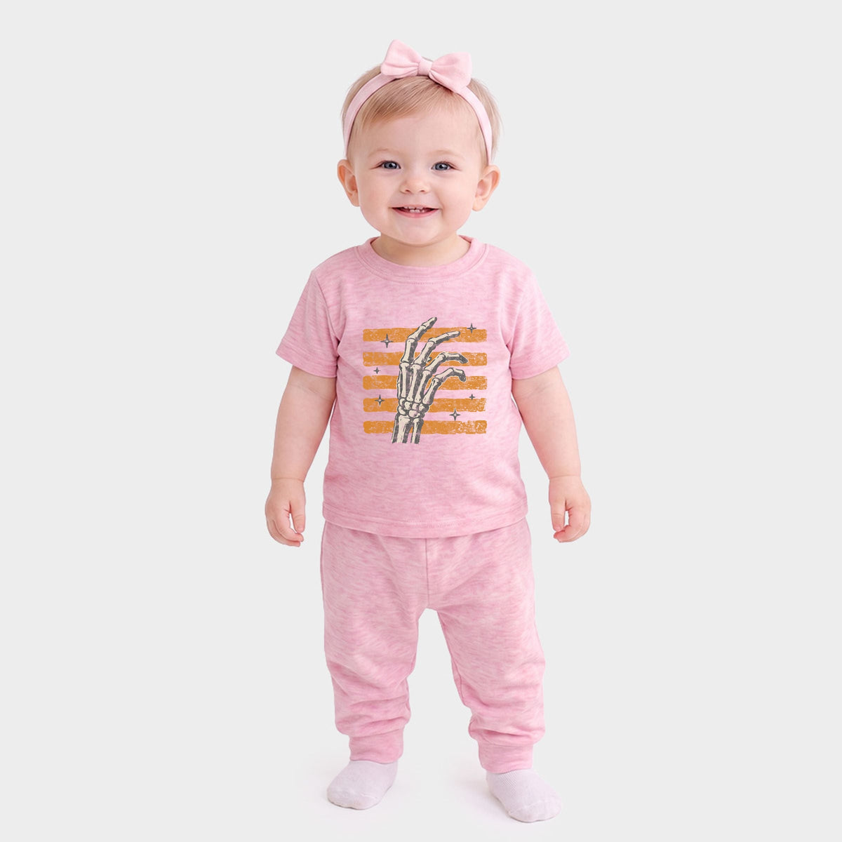 Skeleton Hand Orange Stripes - Infant Jogger Pant Crew Set