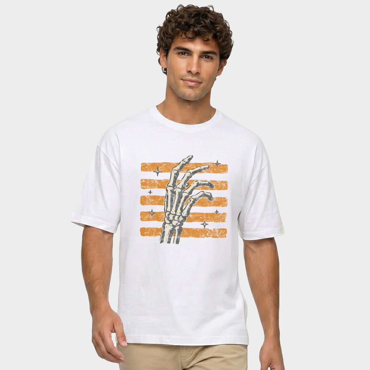 Skeleton Hand Orange Stripes - Men's Garment Dyed Graphic T-Shirt