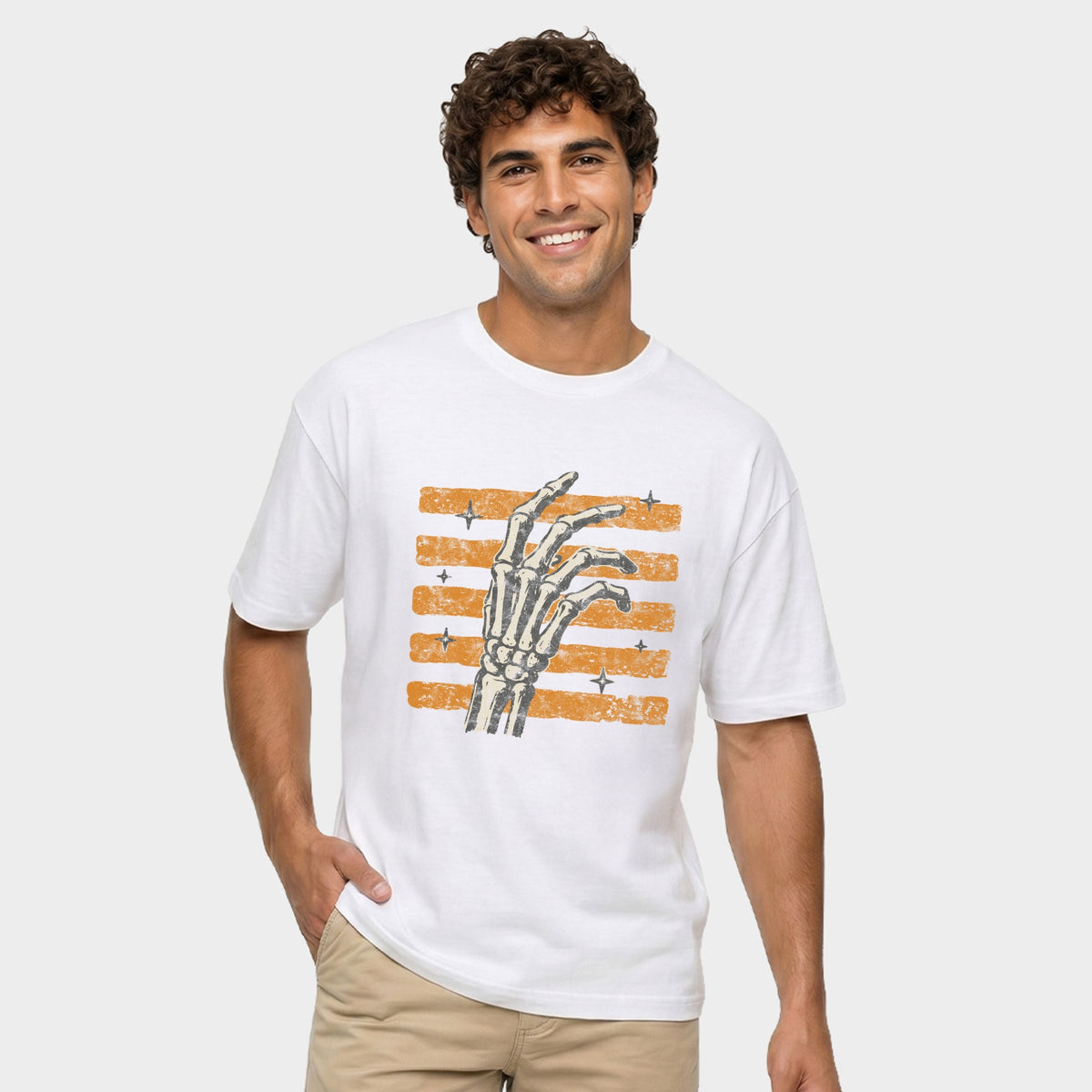 Skeleton Hand Orange Stripes - Men's Garment Dyed Graphic T-Shirt