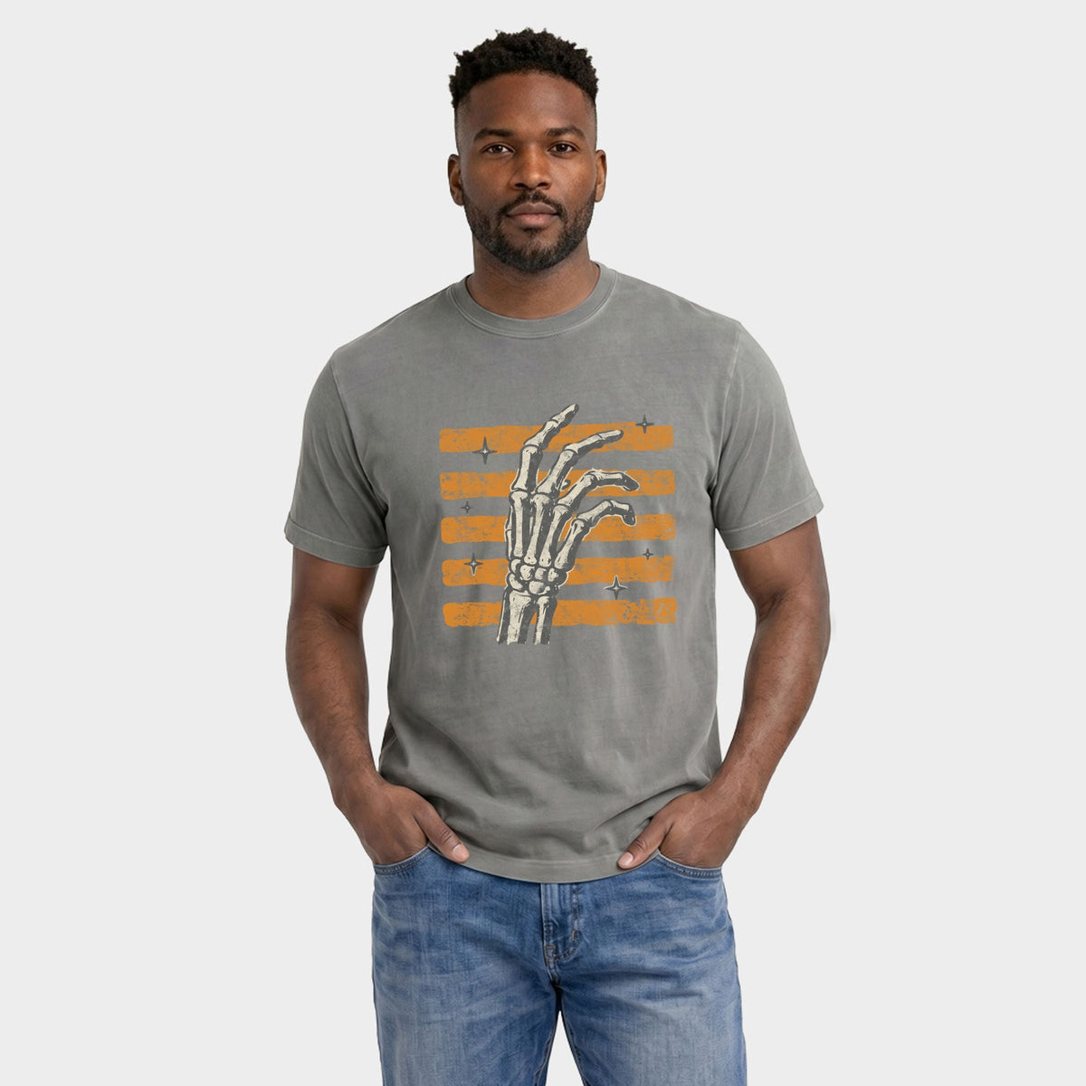 Skeleton Hand Orange Stripes - Men's Garment Dyed Graphic T-Shirt
