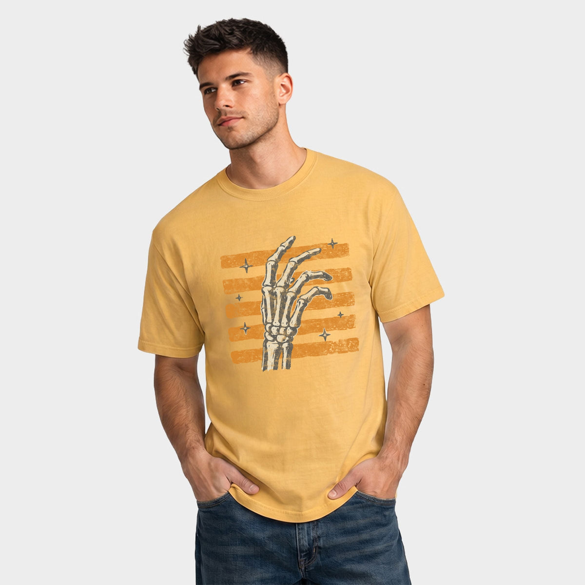 Skeleton Hand Orange Stripes - Men's Garment Dyed Graphic T-Shirt