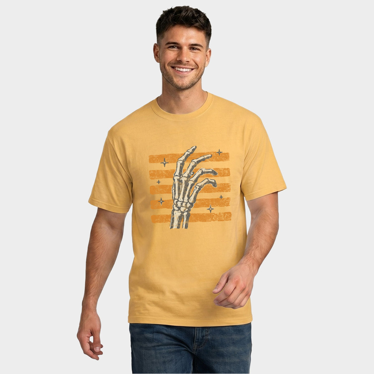 Skeleton Hand Orange Stripes - Men's Garment Dyed Graphic T-Shirt