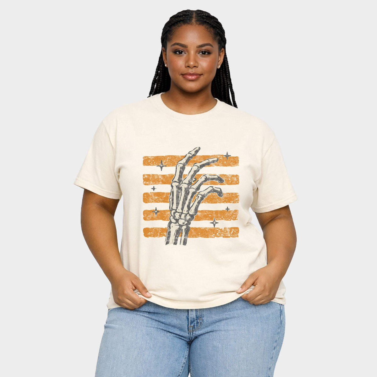 Skeleton Hand Orange Stripes - Women's Plus Sized Garment Dyed Graphic T-Shirt