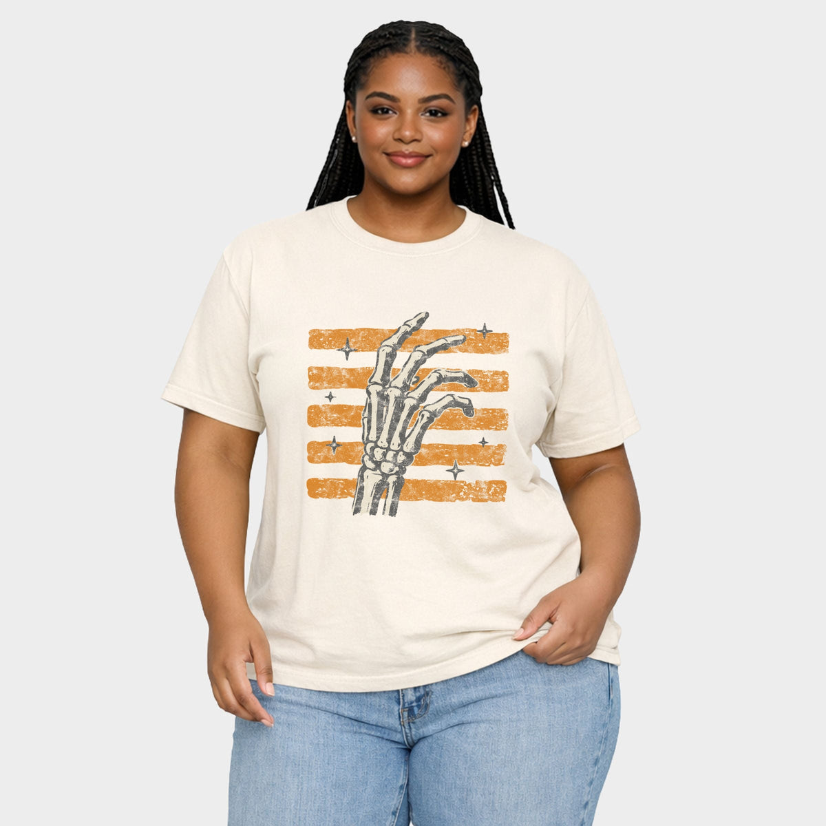 Skeleton Hand Orange Stripes - Women's Plus Sized Garment Dyed Graphic T-Shirt