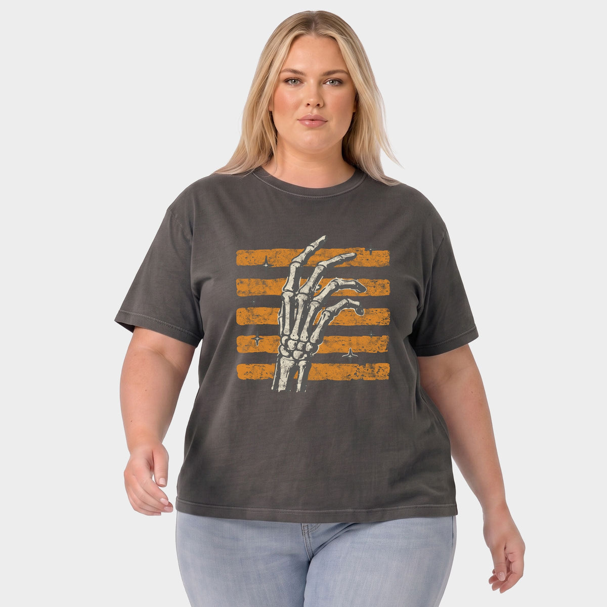 Skeleton Hand Orange Stripes - Women's Plus Sized Garment Dyed Graphic T-Shirt