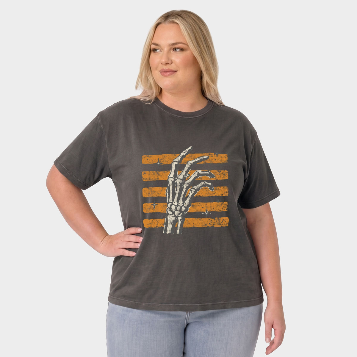 Skeleton Hand Orange Stripes - Women's Plus Sized Garment Dyed Graphic T-Shirt