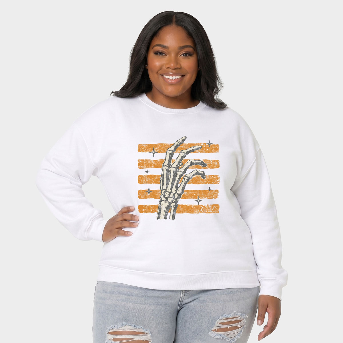 Skeleton Hand Orange Stripes -  Women's Plus Sized Graphic Sweatshirt