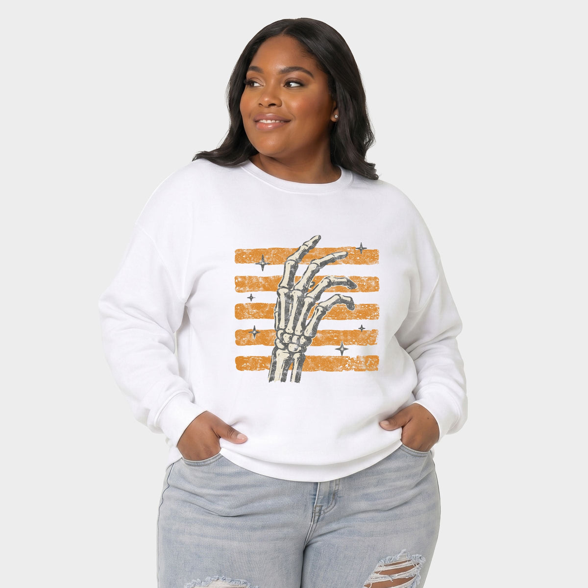 Skeleton Hand Orange Stripes -  Women's Plus Sized Graphic Sweatshirt