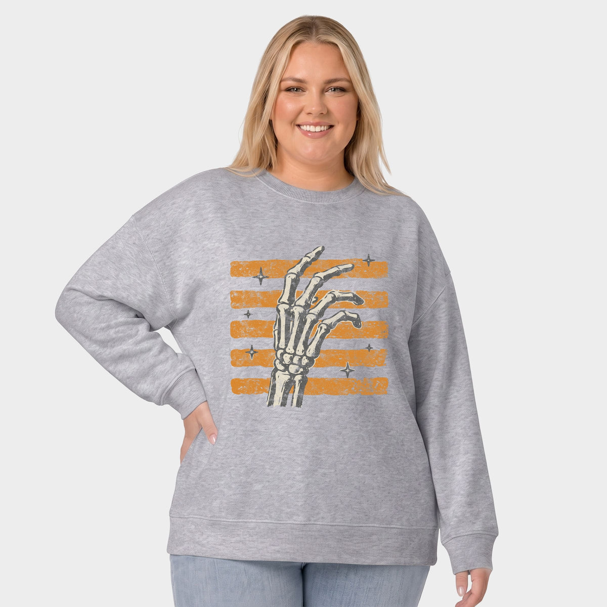 Skeleton Hand Orange Stripes -  Women's Plus Sized Graphic Sweatshirt