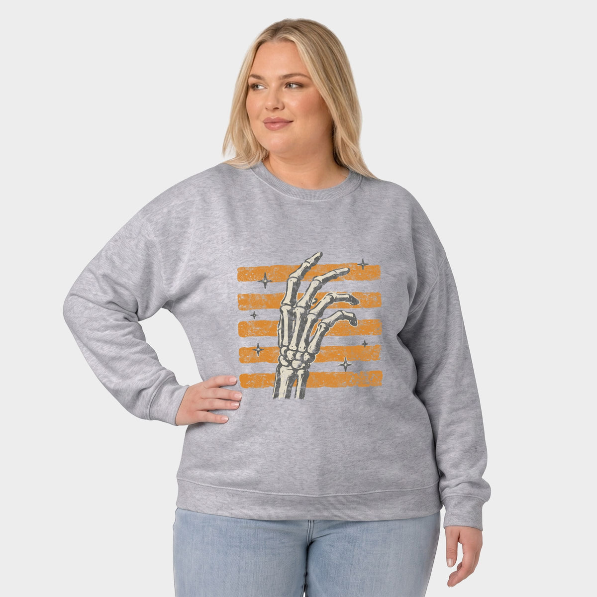 Skeleton Hand Orange Stripes -  Women's Plus Sized Graphic Sweatshirt