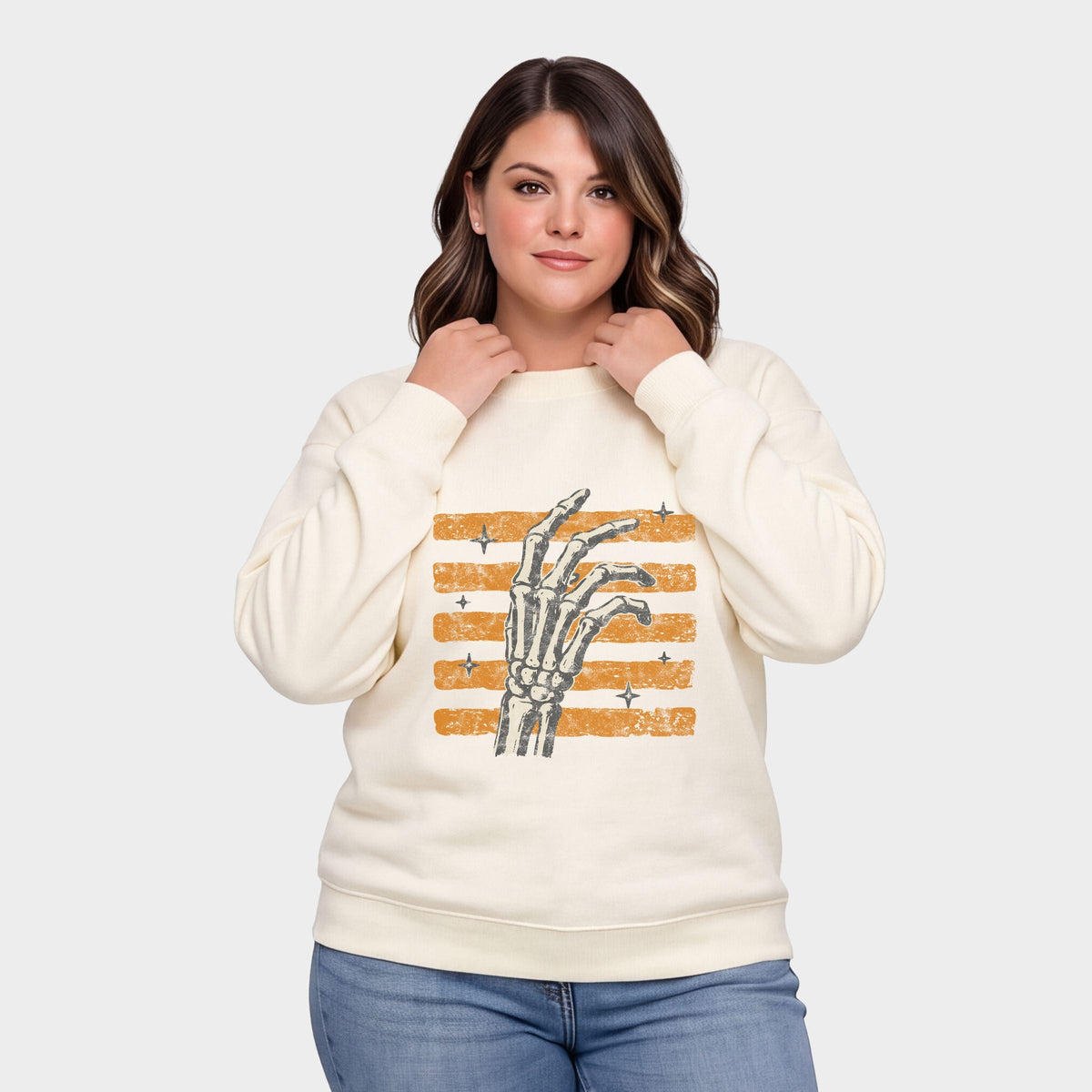 Skeleton Hand Orange Stripes -  Women's Plus Sized Graphic Sweatshirt