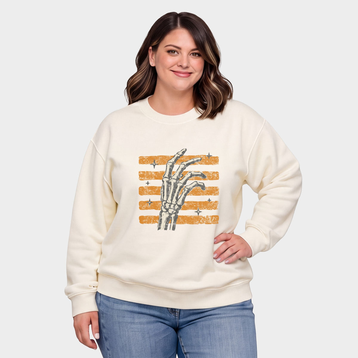 Skeleton Hand Orange Stripes -  Women's Plus Sized Graphic Sweatshirt