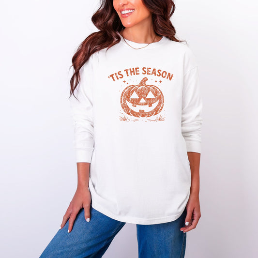 Tis The Season Jack O Lantern - Women's Garment Dyed Long Sleeve Graphic T-Shirt