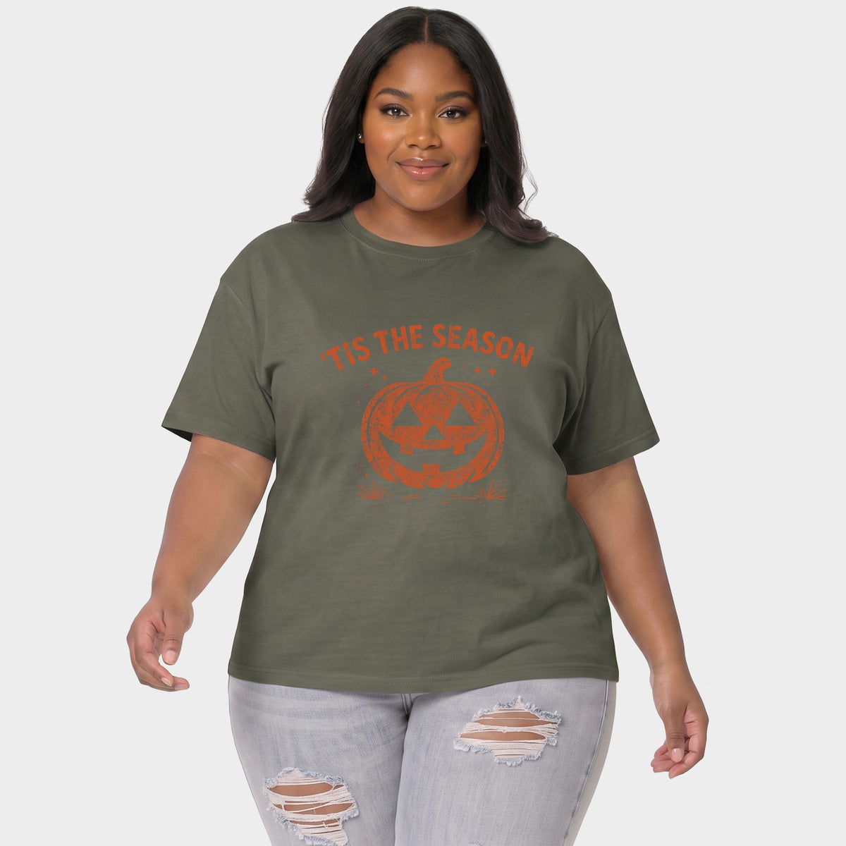 Tis The Season Jack O Lantern - Women's Plus Sized Garment Dyed Graphic T-Shirt