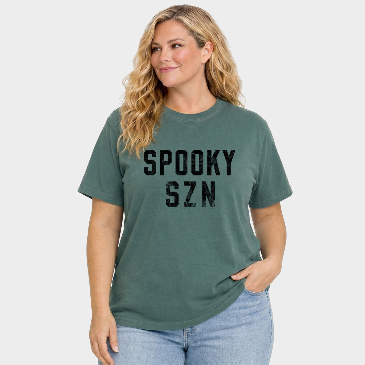 Spooky SZN Varsity - Women's Plus Sized Garment Dyed Graphic T-Shirt