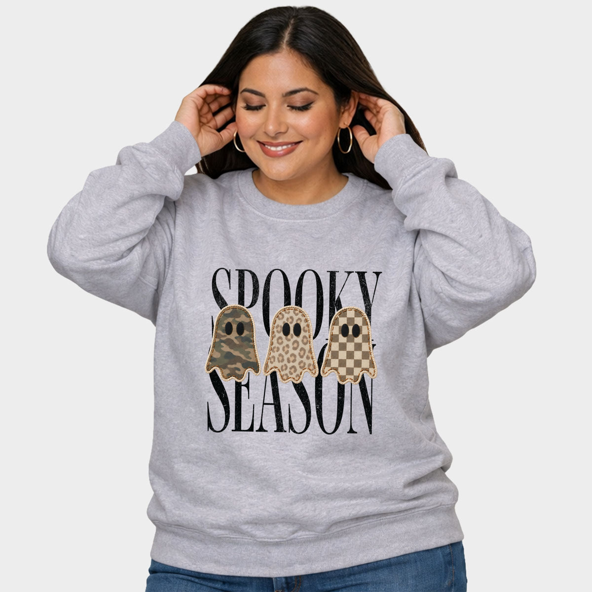 Spooky Season Patterned Ghosts PRINT -  Women's Plus Sized Graphic Sweatshirt