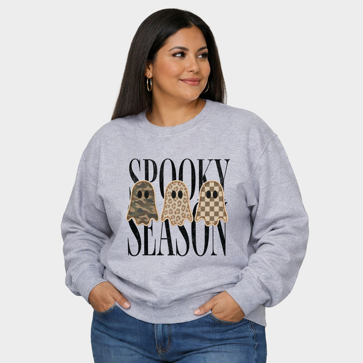 Spooky Season Patterned Ghosts PRINT -  Women's Plus Sized Graphic Sweatshirt