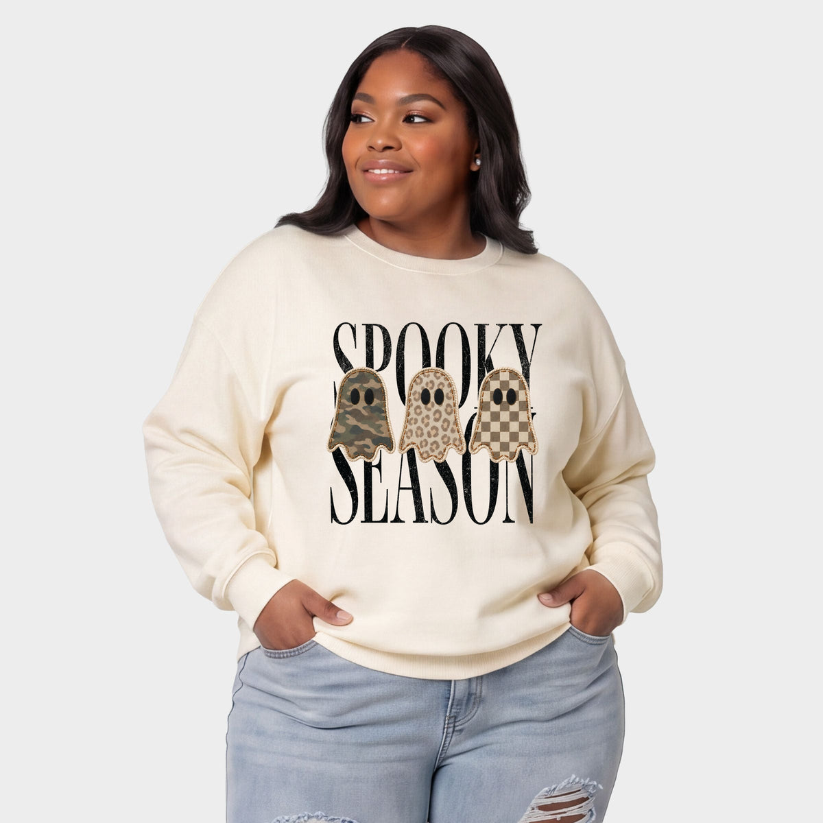 Spooky Season Patterned Ghosts PRINT -  Women's Plus Sized Graphic Sweatshirt