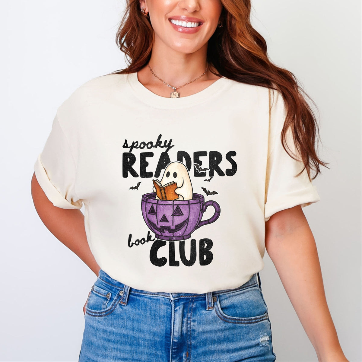 Spooky Reader's Book Club Ghost - Women's Garment Dyed Graphic T-Shirt