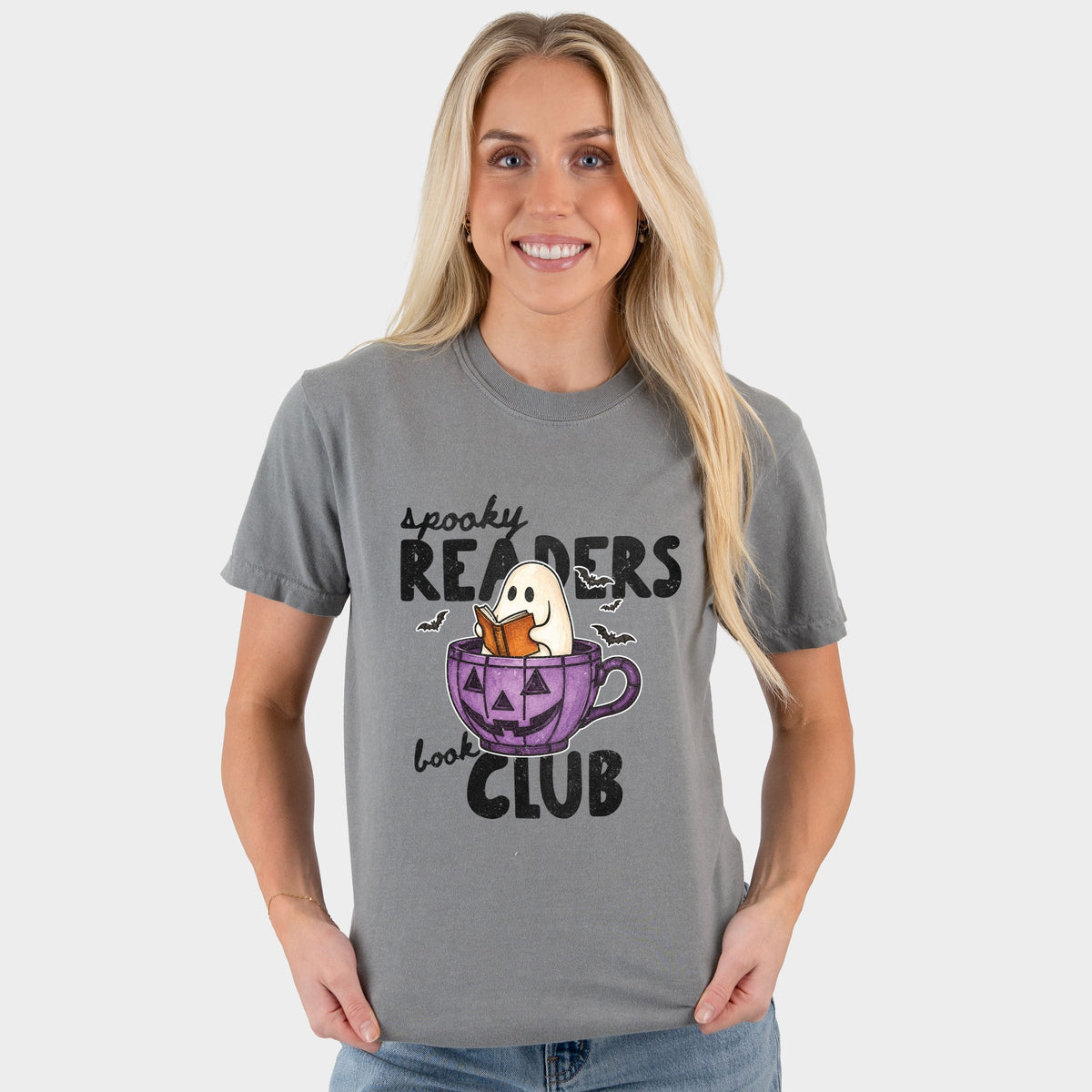 Spooky Reader's Book Club Ghost - Women's Garment Dyed Graphic T-Shirt