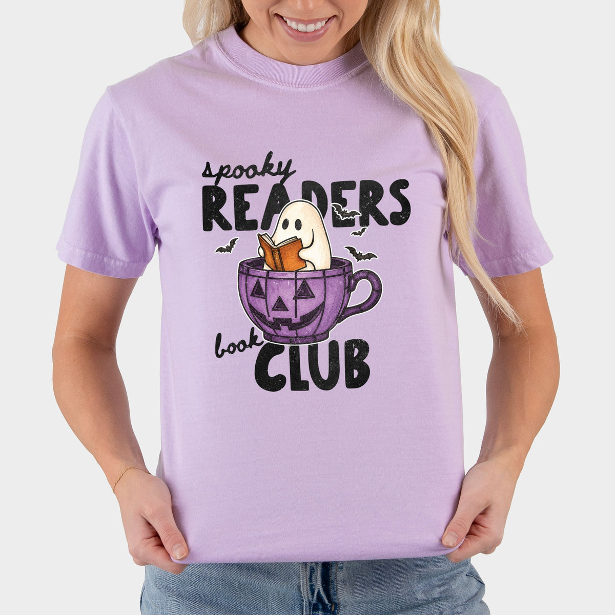 Spooky Reader's Book Club Ghost - Women's Garment Dyed Graphic T-Shirt