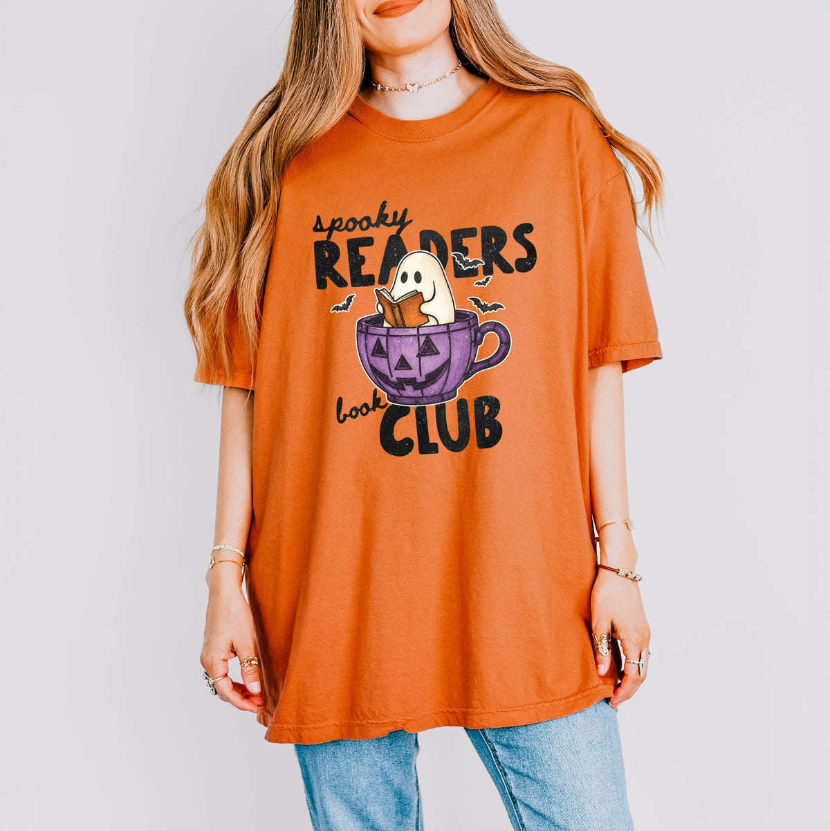 Spooky Reader's Book Club Ghost - Women's Garment Dyed Graphic T-Shirt