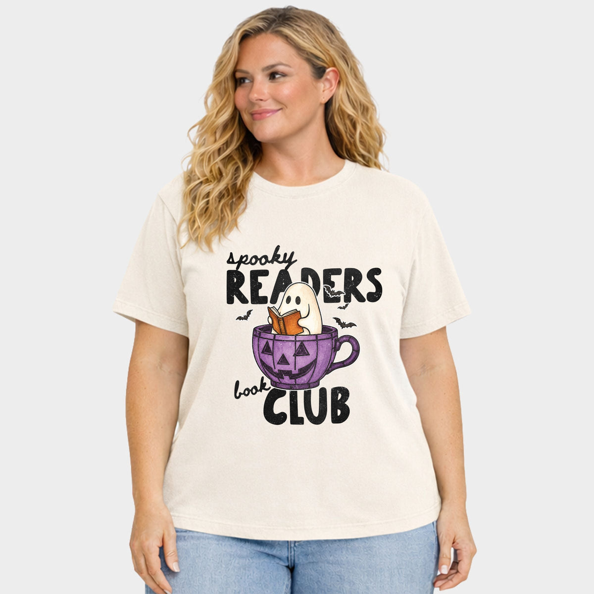 Spooky Reader's Book Club Ghost - Women's Plus Garment Dyed Tee