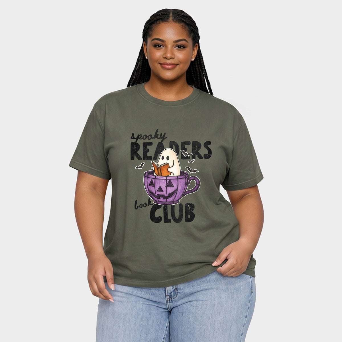 Spooky Reader's Book Club Ghost - Women's Plus Garment Dyed Tee