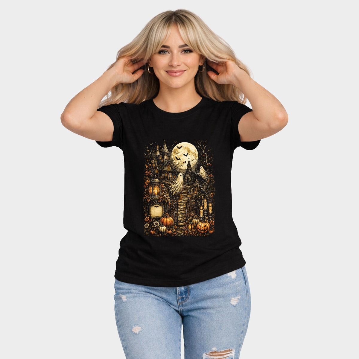 Halloween House and Moon - Women's Short Sleeve Graphic T-Shirt