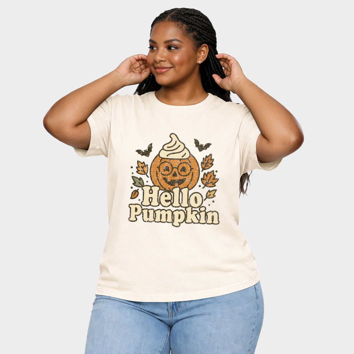 Hello Pumpkin Leaves - Women's Plus Garment Dyed Tee