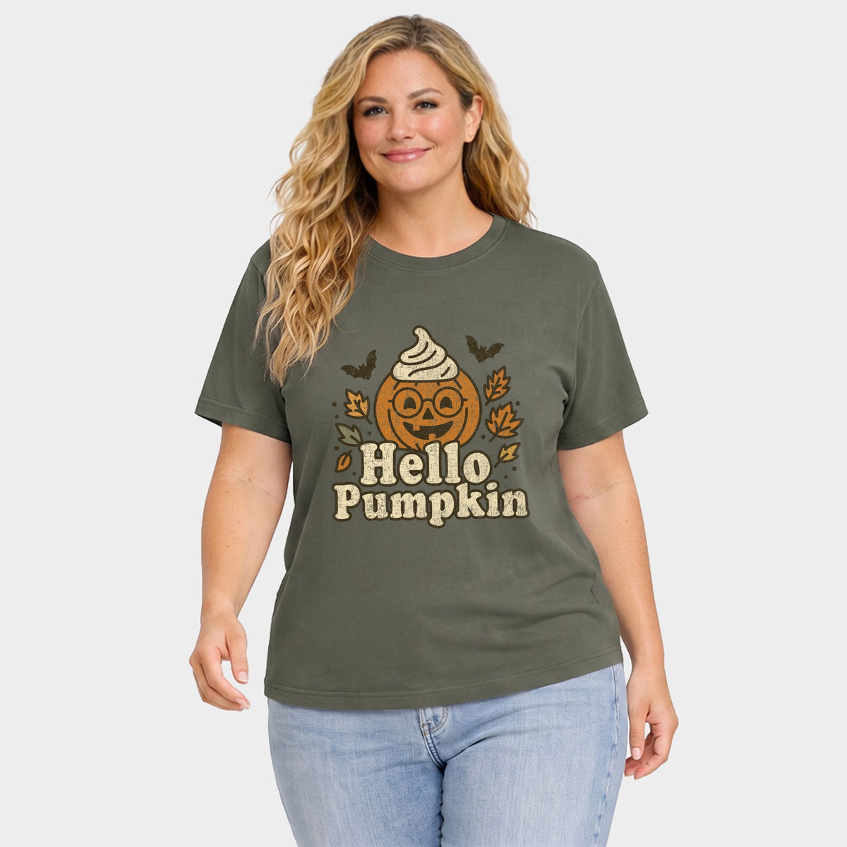 Hello Pumpkin Leaves - Women's Plus Garment Dyed Tee