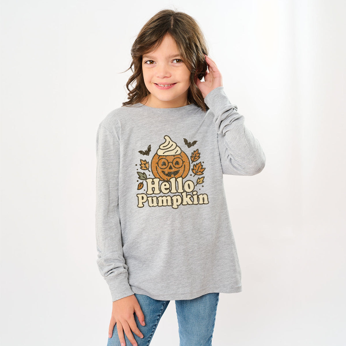 Hello Pumpkin Leaves - Youth Long Sleeve Graphic T-Shirt