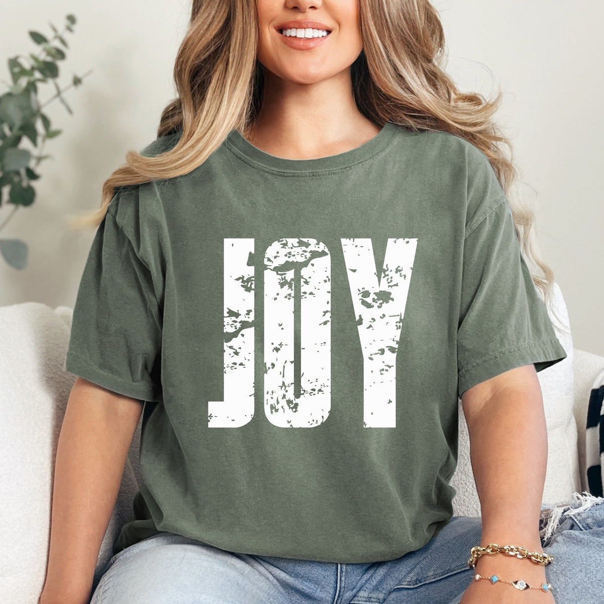 Joy Block Distressed - Women's Garment Dyed Graphic T-Shirt