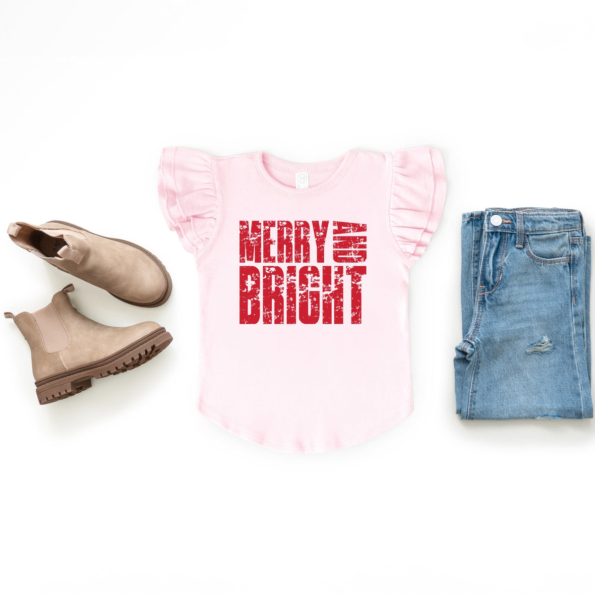 Merry and Bright Block Distressed - Flutter Sleeve Graphic T-Shirt