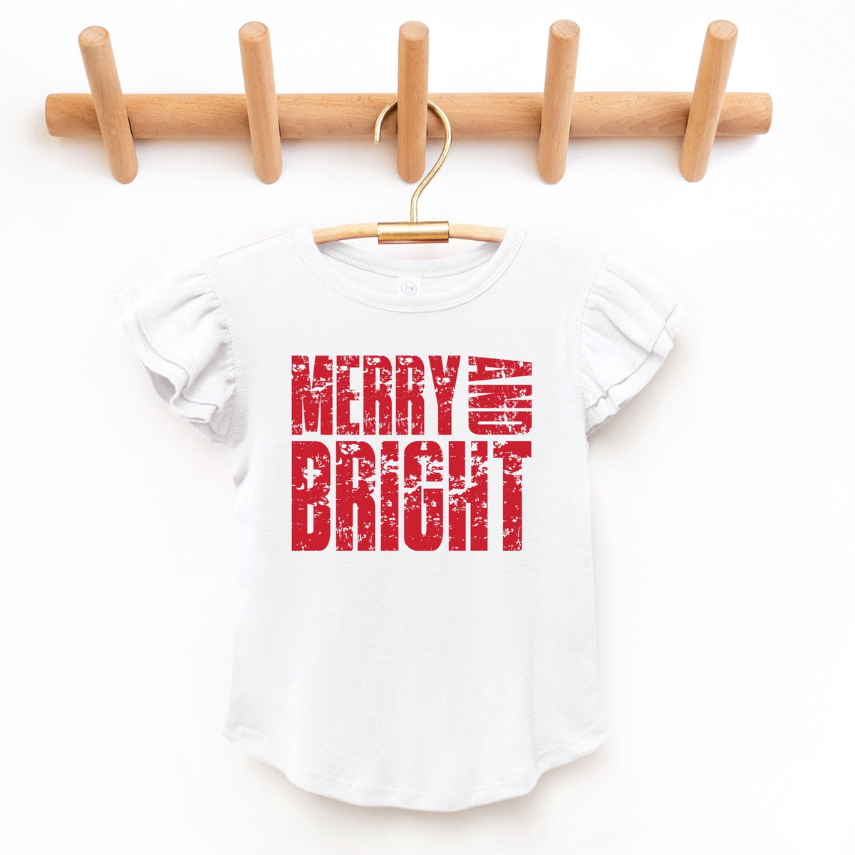 Merry and Bright Block Distressed - Flutter Sleeve Graphic T-Shirt