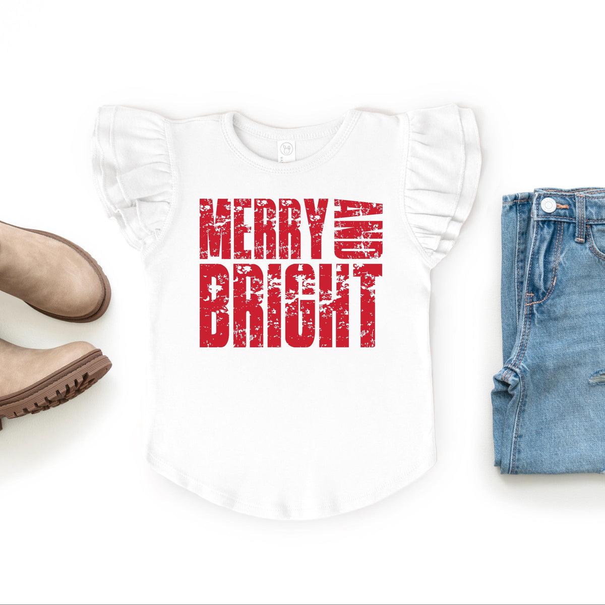 Merry and Bright Block Distressed - Flutter Sleeve Graphic T-Shirt