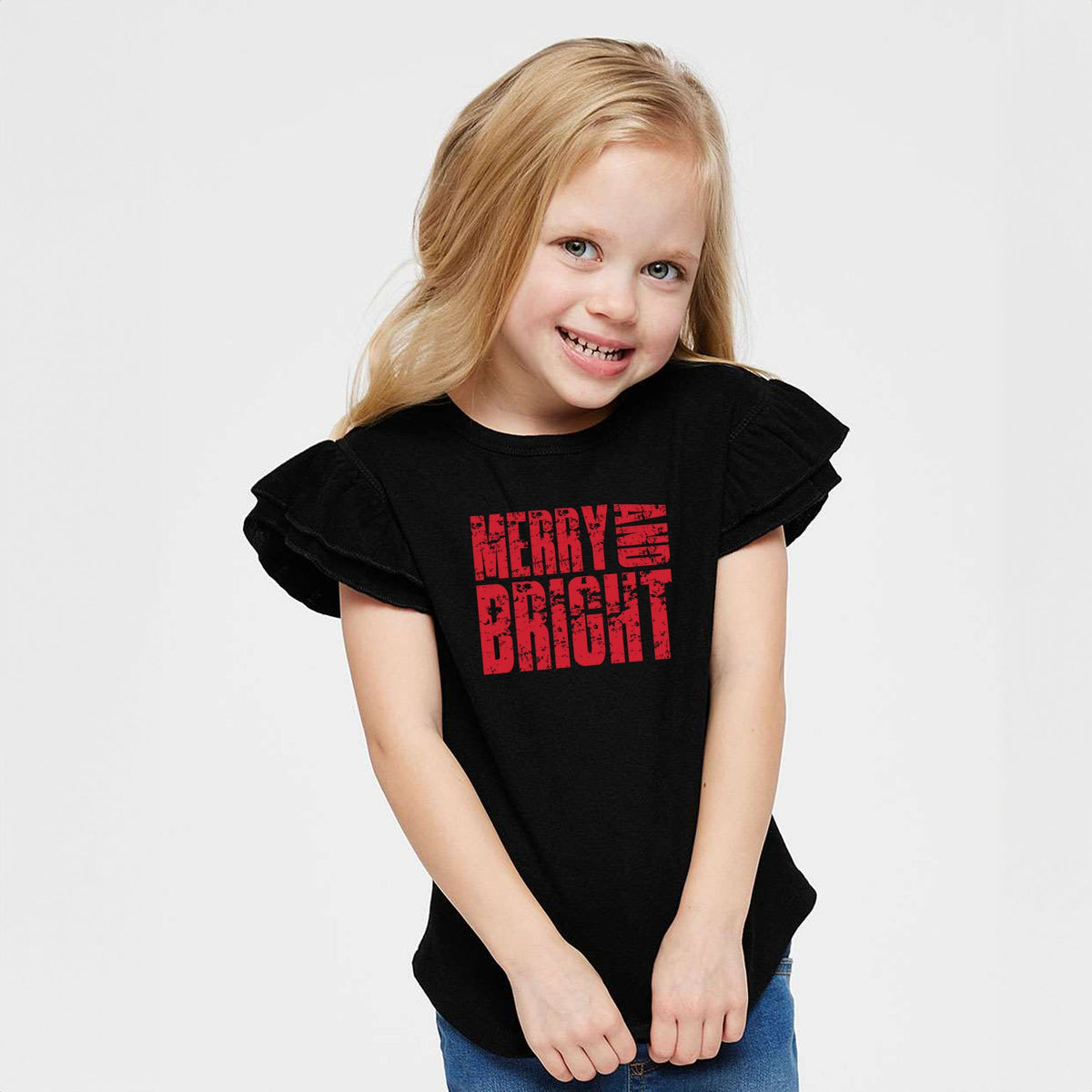 Merry and Bright Block Distressed - Flutter Sleeve Graphic T-Shirt