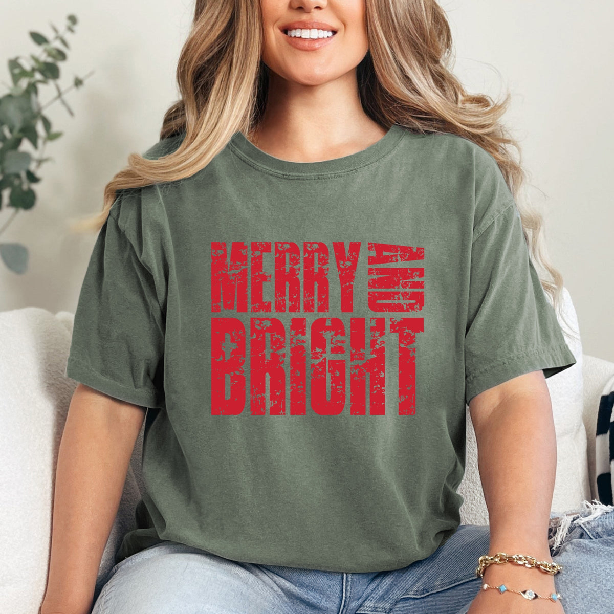 Merry and Bright Block Distressed - Women's Garment Dyed Graphic T-Shirt