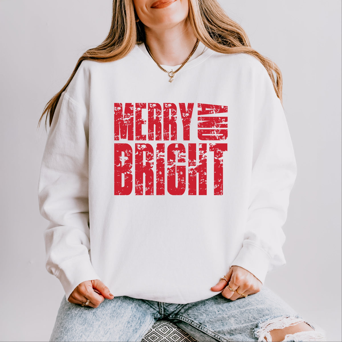 Merry and Bright Block Distressed - Women's Lightweight Garment Dyed Sweatshirt