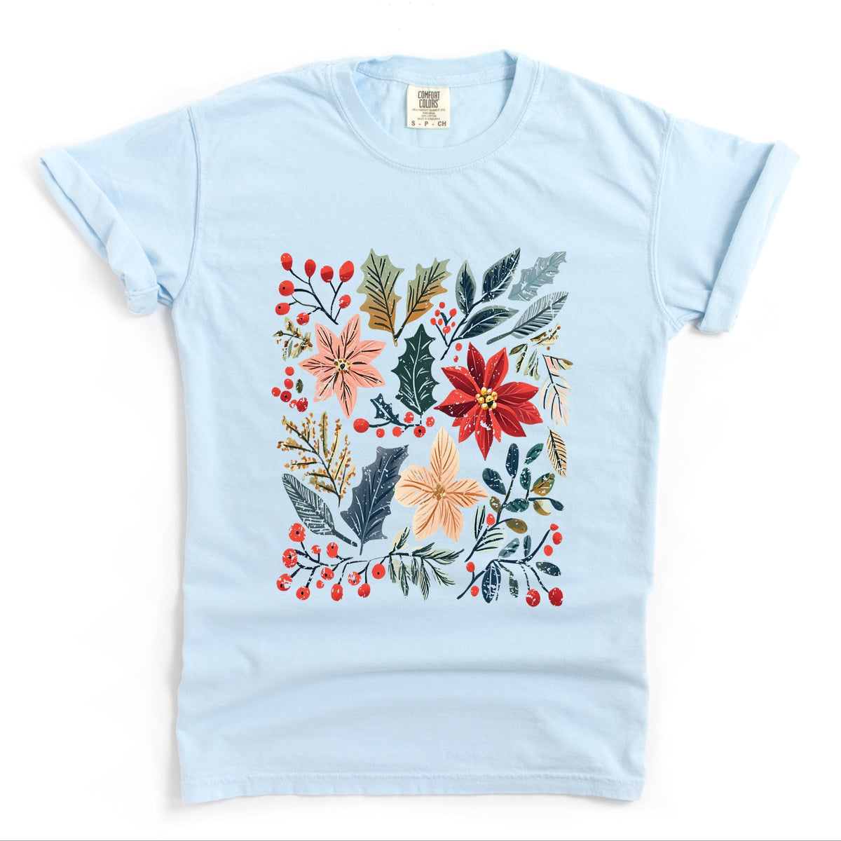 Christmas Flowers and Berries Distressed - Women's Garment Dyed Graphic T-Shirt