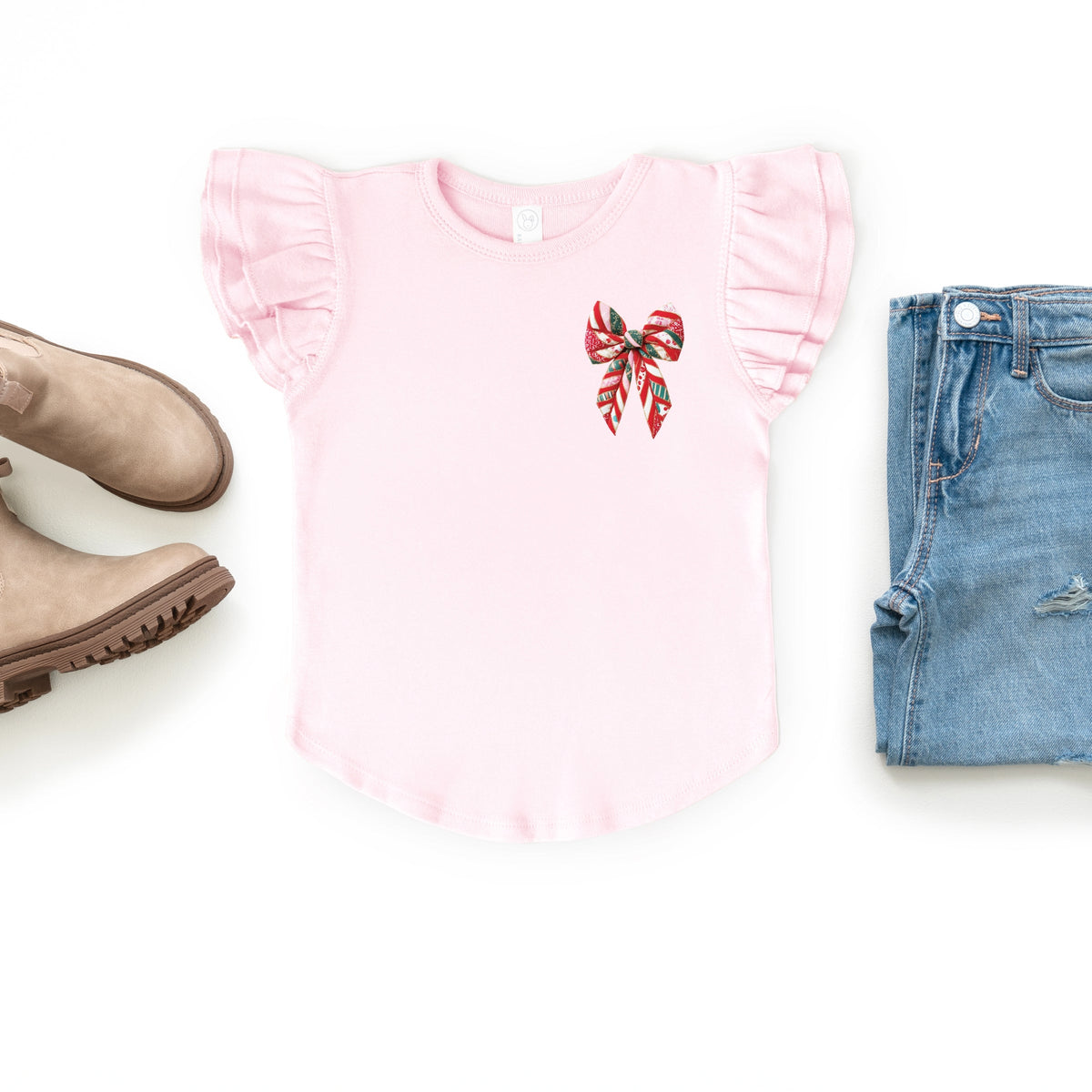 Christmas Bow Quilted Print - Flutter Sleeve Graphic T-Shirt