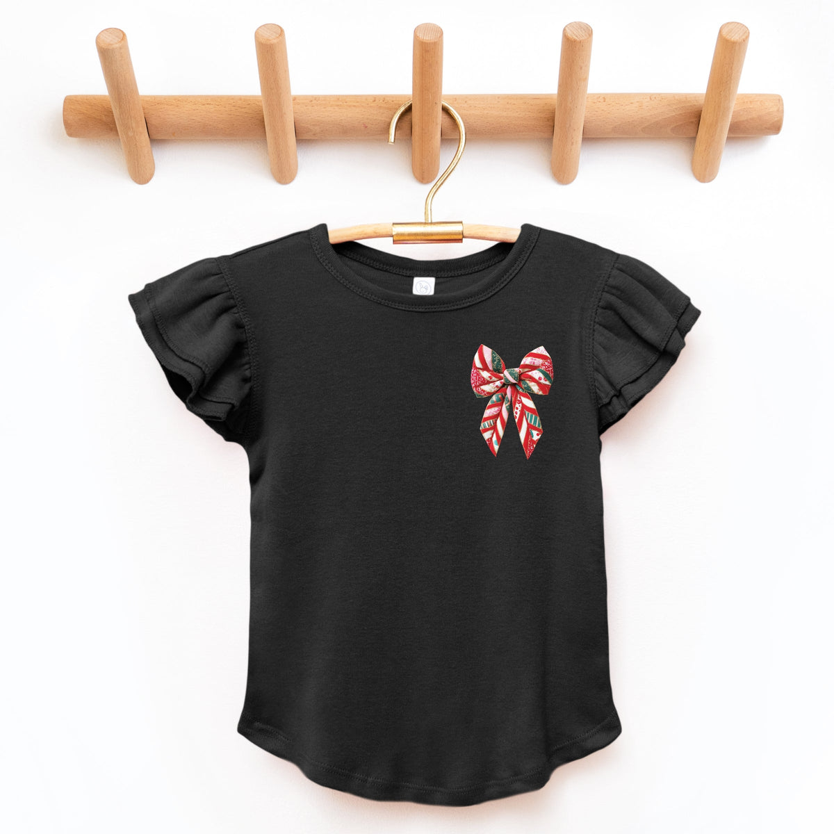 Christmas Bow Quilted Print - Flutter Sleeve Graphic T-Shirt