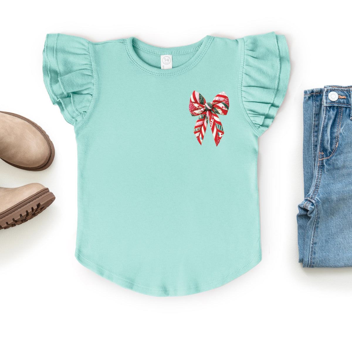 Christmas Bow Quilted Print - Flutter Sleeve Graphic T-Shirt