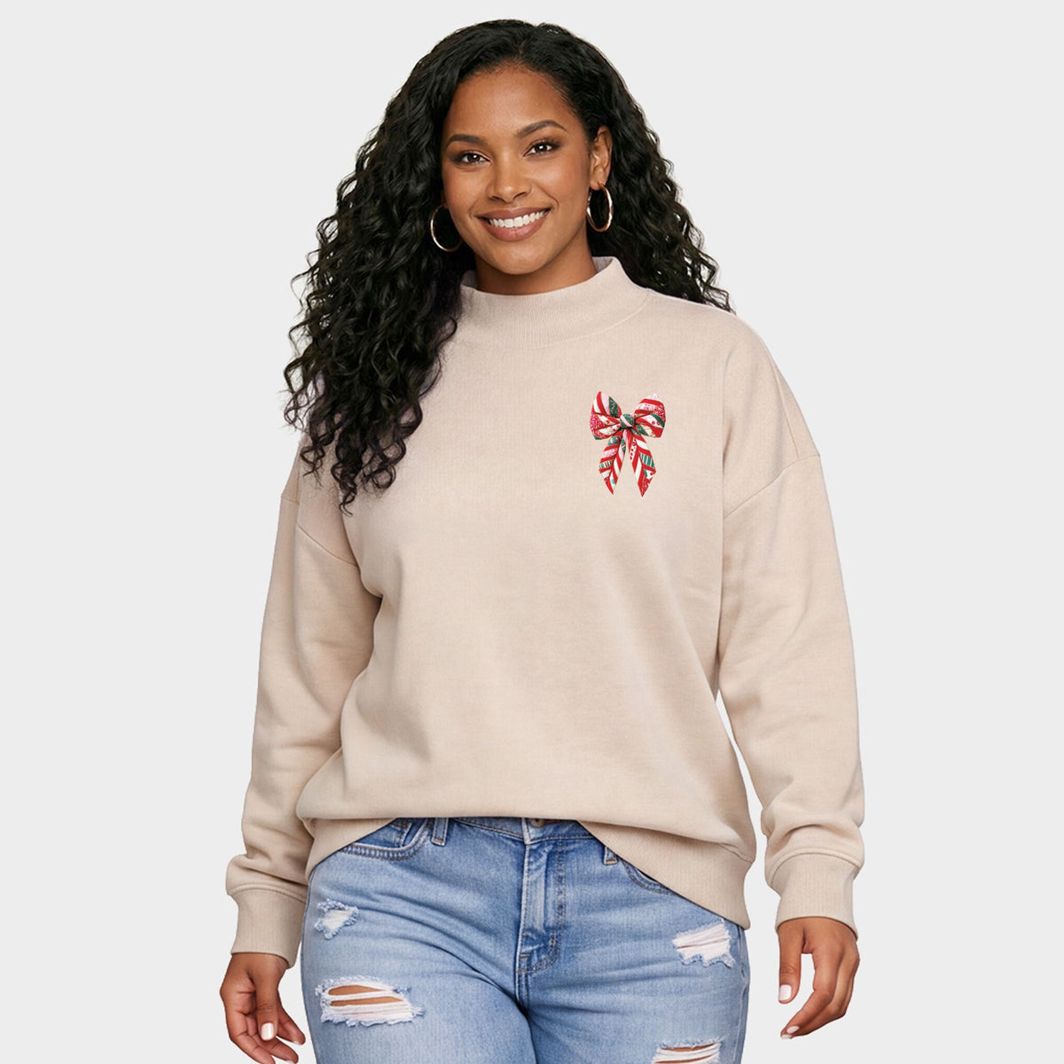 Christmas Bow Quilted Print - Oversized Mock Sweatshirt
