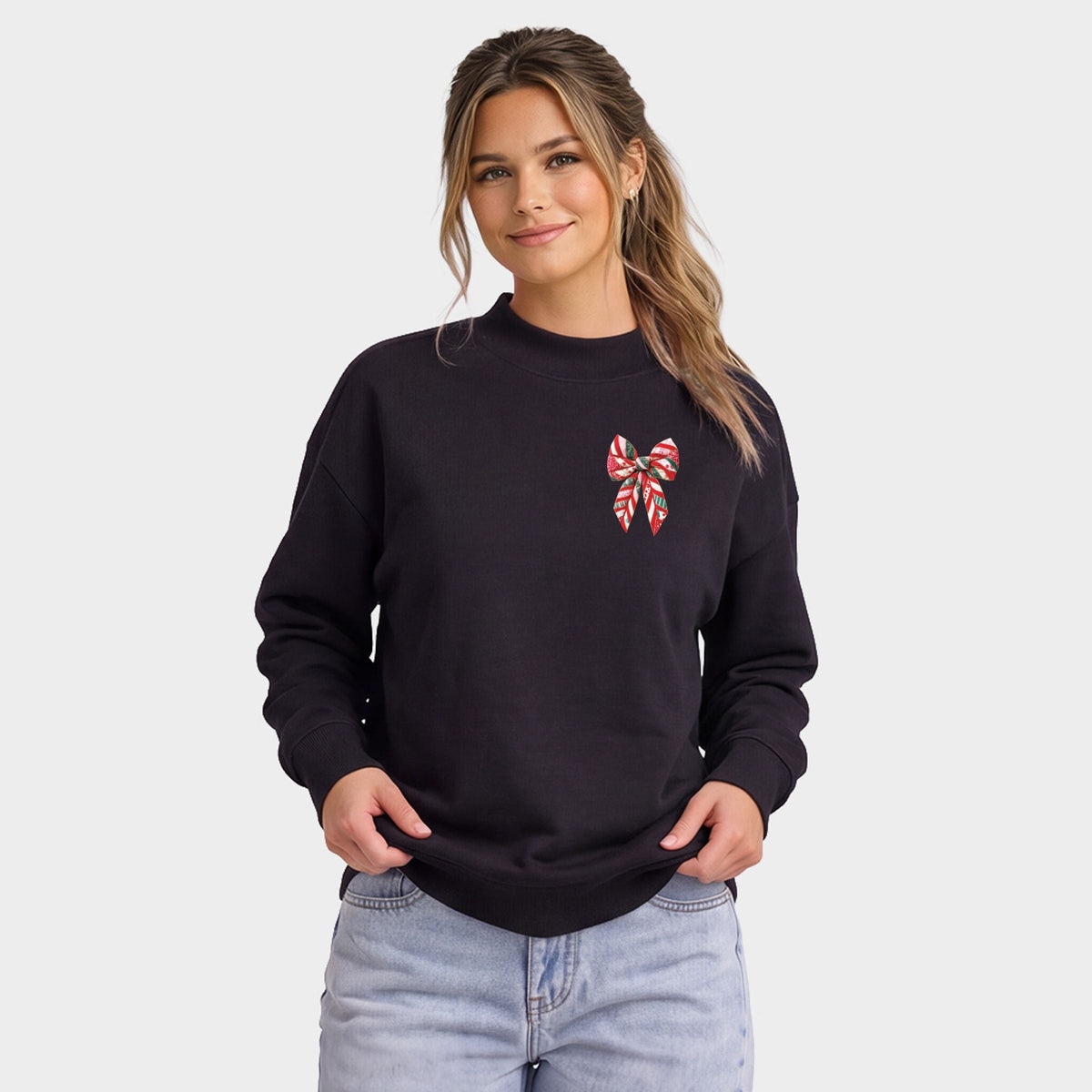 Christmas Bow Quilted Print - Oversized Mock Sweatshirt