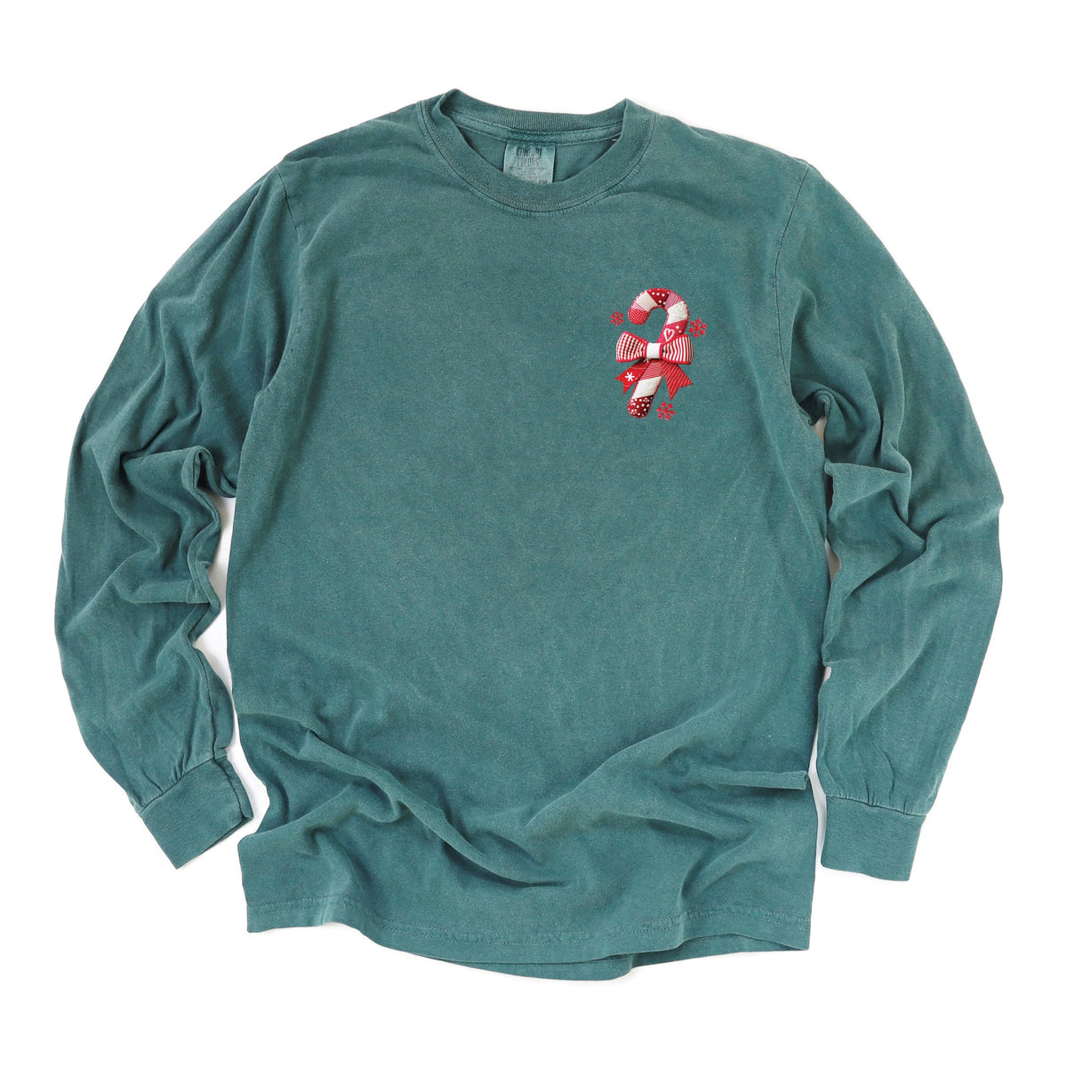 Candy Cane Bow Patchwork Print - Women's Garment Dyed Long Sleeve Graphic T-Shirt