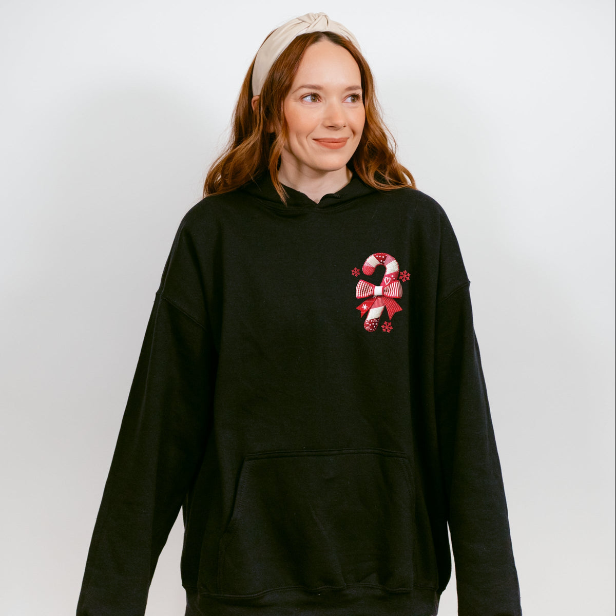 Candy Cane Bow Patchwork Print - Women's Graphic Hoodie