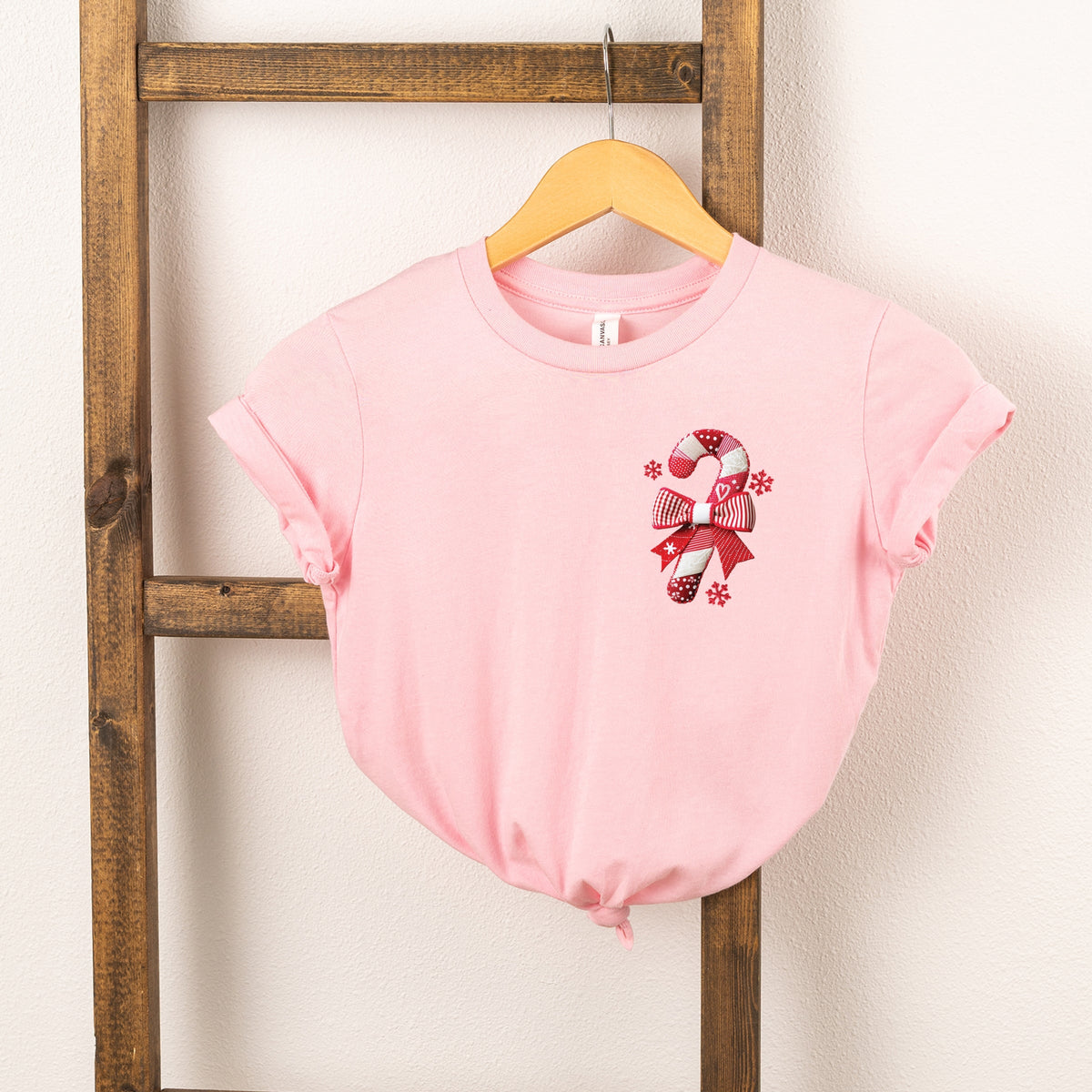Candy Cane Bow Patchwork Print - Youth Short Sleeve Graphic T-Shirt