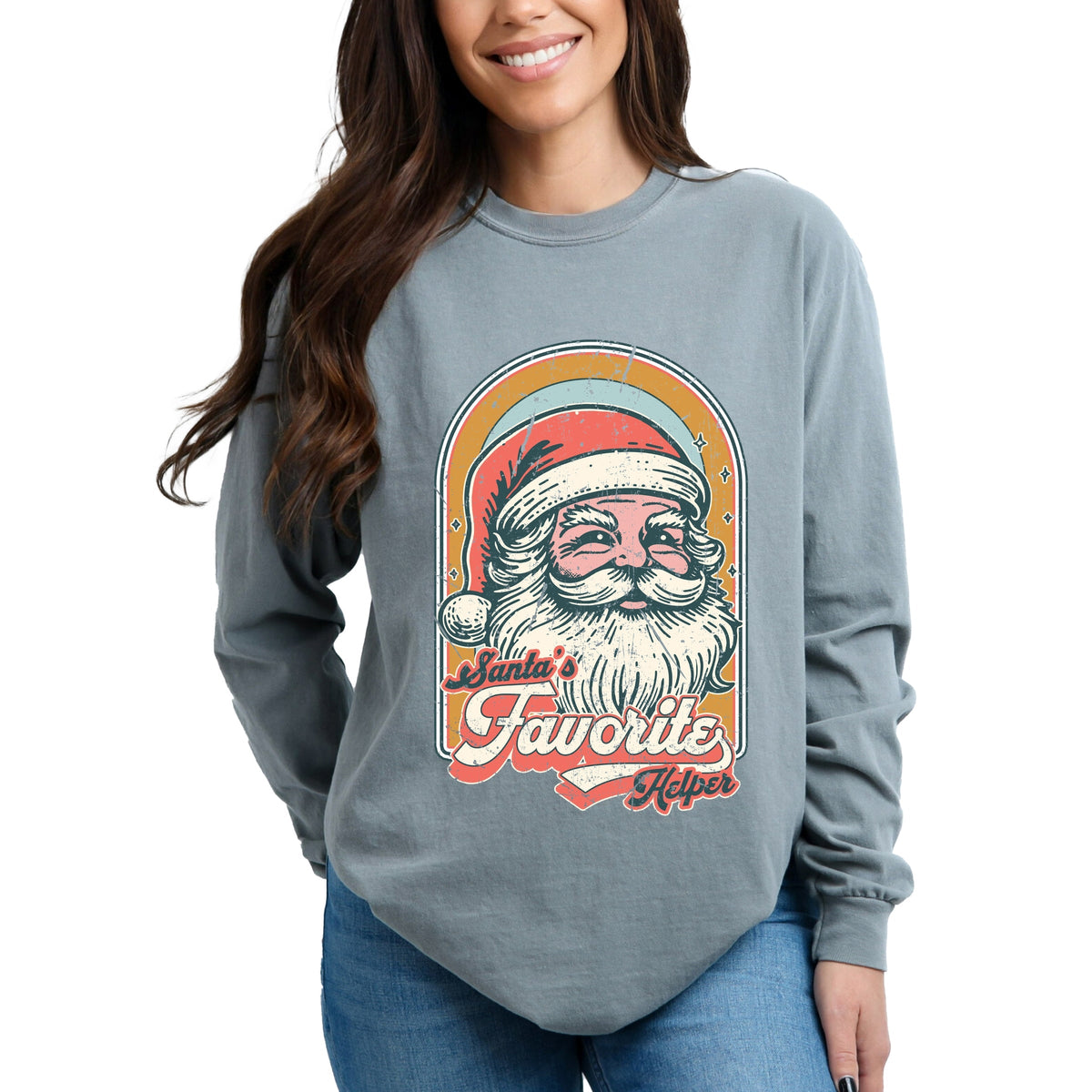 Santa's Favorite Helper Retro - Women's Garment Dyed Long Sleeve Graphic T-Shirt